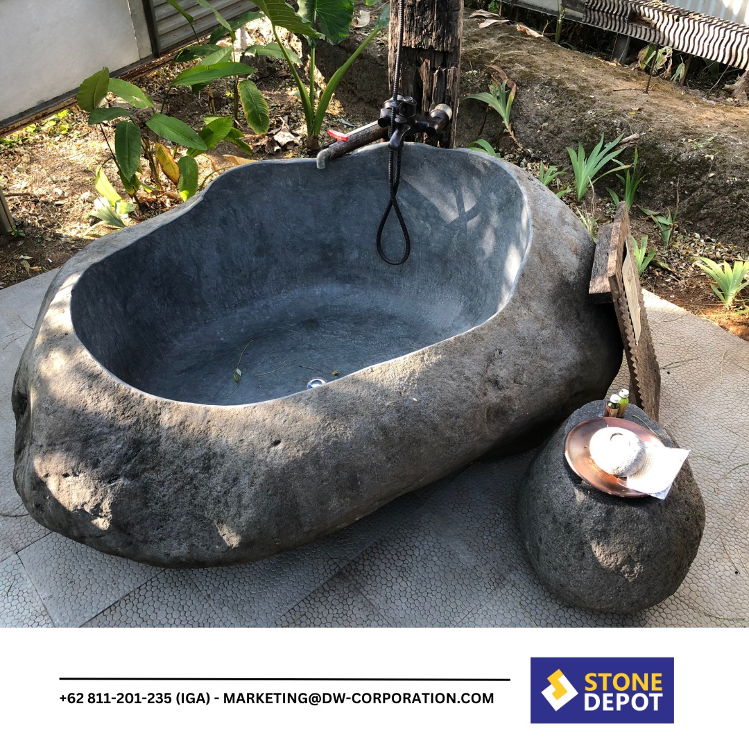 Grey riverstone for outdoor bali stone bath at alamanis resort