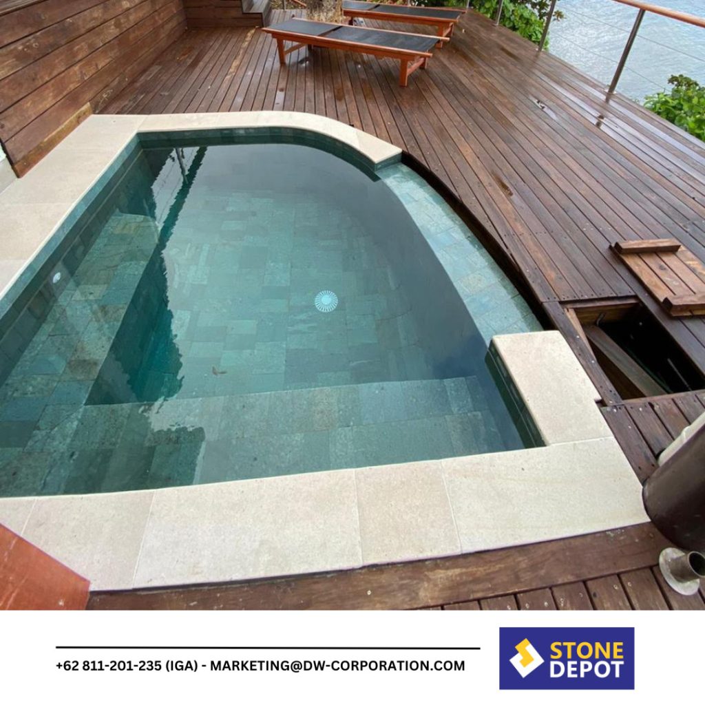 Bali limestone tile for pool decking combine with bali green stone